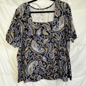 Jessica London Paisley Square Neck Short Sleeve Top Womens 22/24 Black Blue Yell